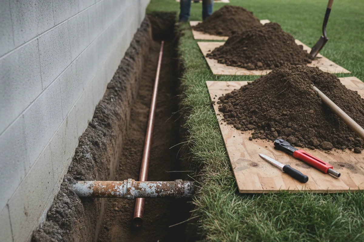 Excavated water line trench during Sewer Line Repair in Lonaconing